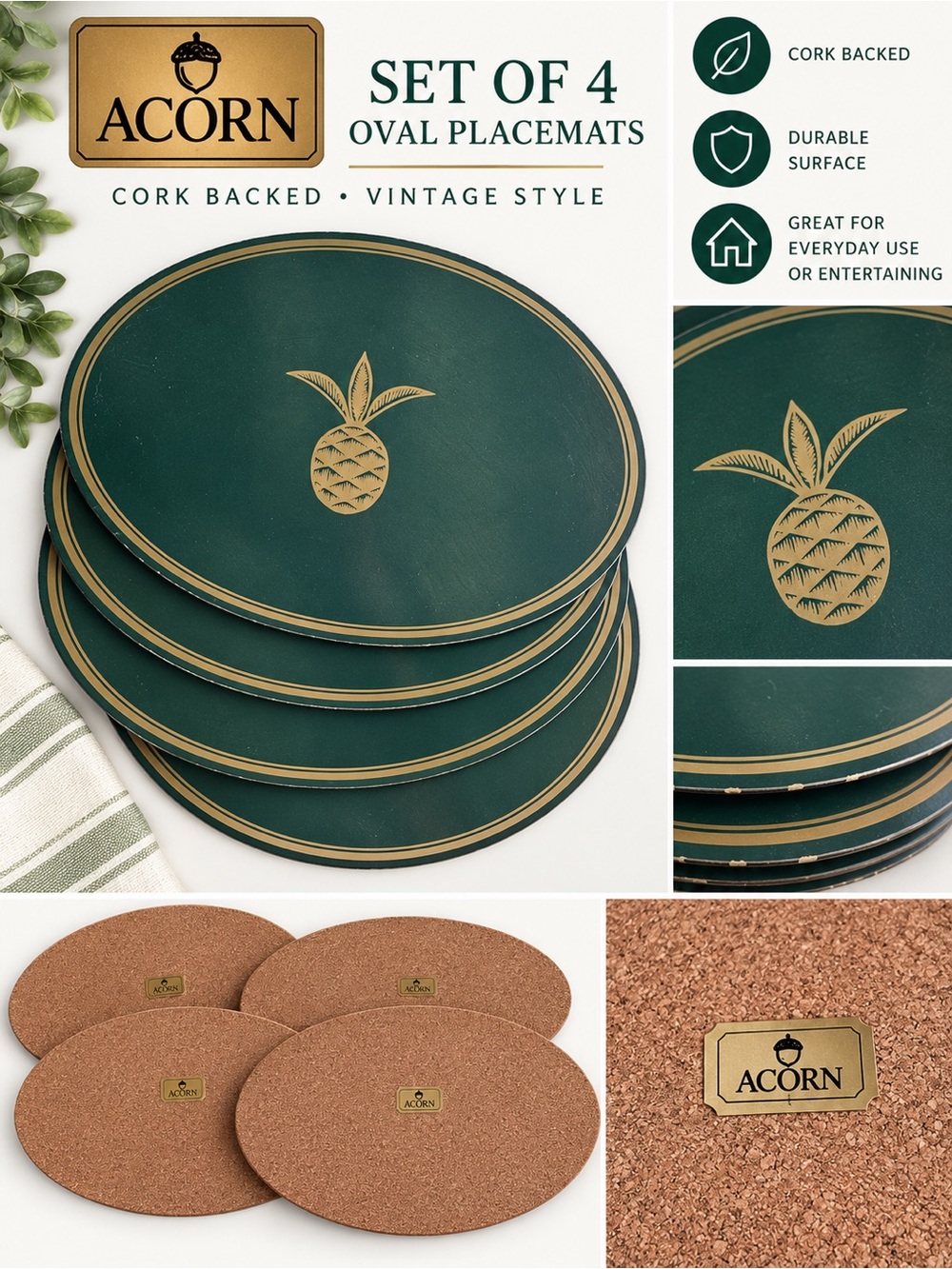Vintage Acorn New Canaan CT Cork Placemats Emerald Green With Gold Pinapple 4pcs